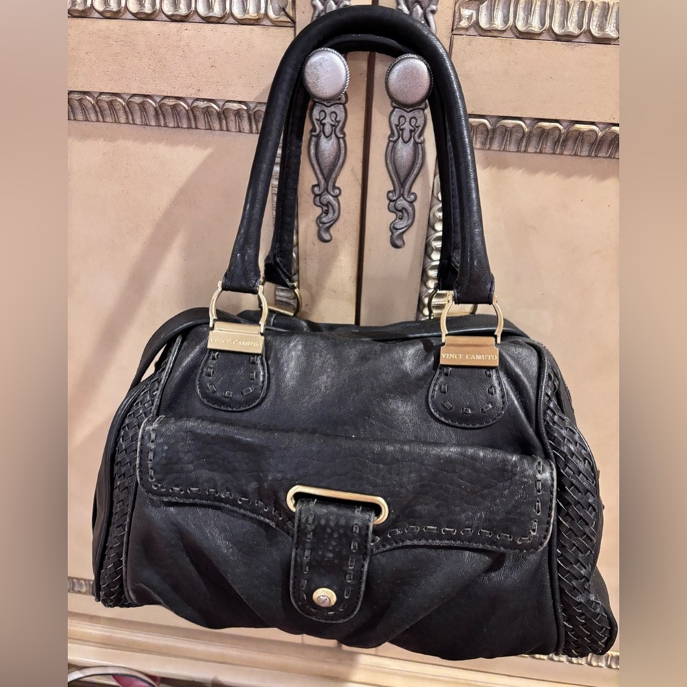 Vince Camuto Black Satchel with‎ Woven Details And Gold Hardware